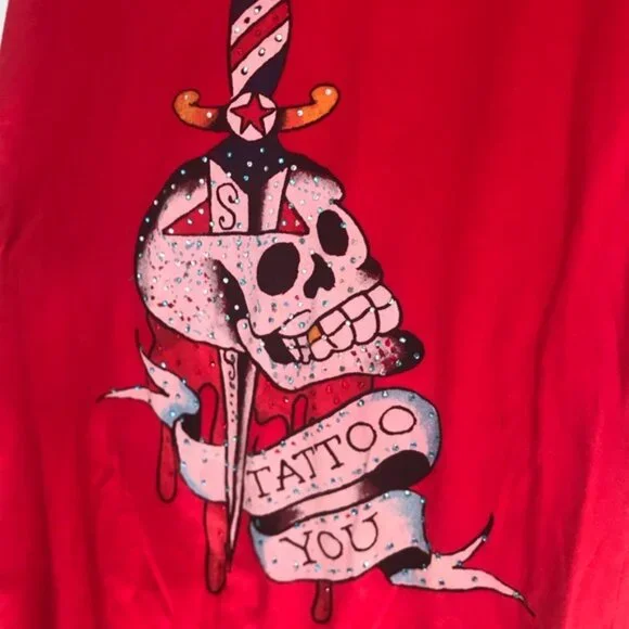 Ed Hardy Vintage Y2K Scull Tattoo Graphic Top T Shirt Fitted Logo Cotton Red L - Picture 10 of 16
